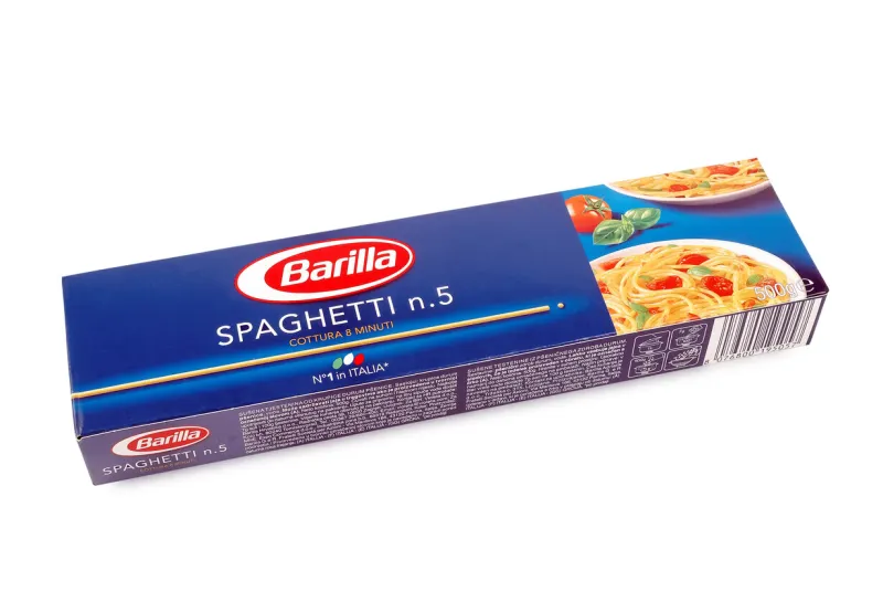 pula, croatia - november 14, 2015  a 500g box of barilla spaghetti isolated against a white background the company was founded in 1877 in ponte taro, near parma, italy