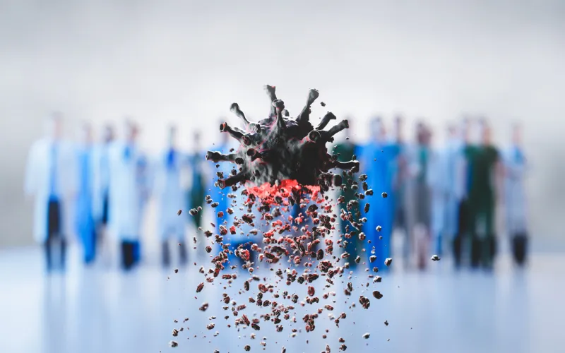 coronavirus defeated by doctors and scientists virus breaking up into pieces inventing effective treatment, vaccine or drug concept 3d illustration