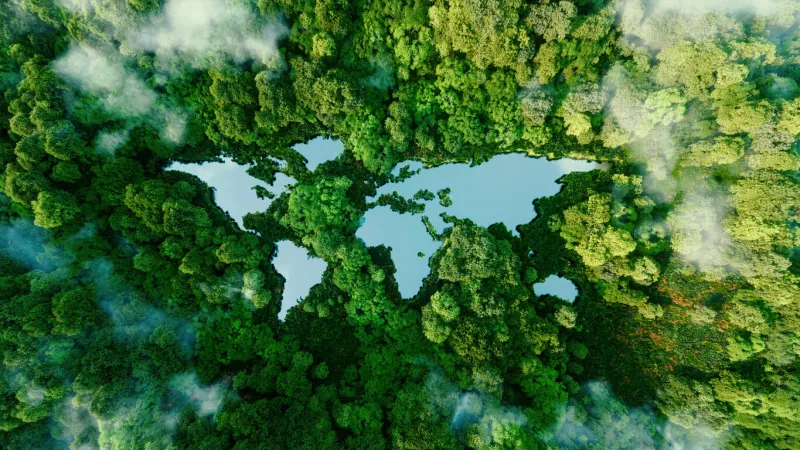 a lake in the shape of the world's continents in the middle of untouched nature a metaphor for ecological travel, conservation, climate change, global warming and the fragility of nature3d rendering