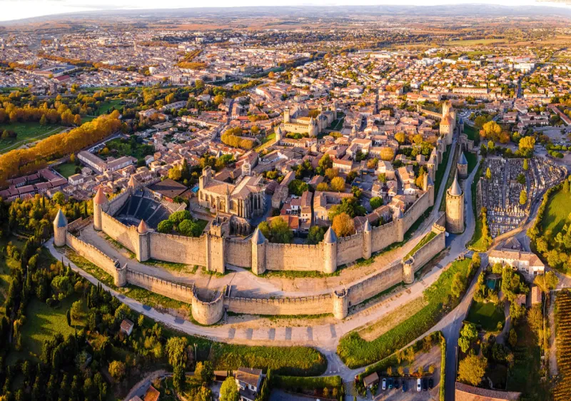 aerial view of carcassonne, a french fortified city in the department of aude, in the region of occitanie, in france