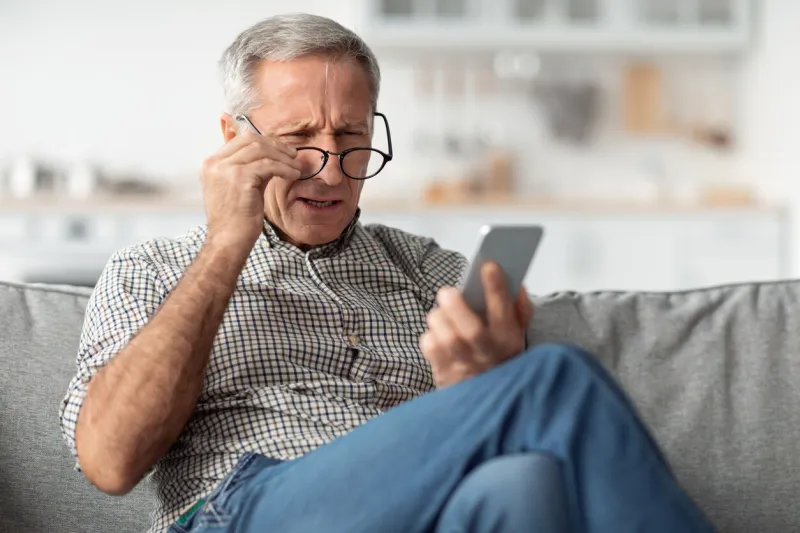 poor eyesight senior man squinting eyes reading message on phone wearing eyeglasses having problems with vision sitting on couch at home ophtalmic issue, bad sight in older age concept
