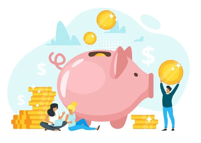 people putting savings in piggy bank vector illustration financial literacy collective funding, investment banker, financier, accountant, investor cartoon characters money economy profit, income