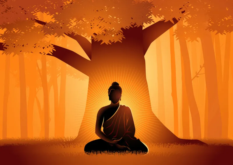 vector illustration of siddhartha gautama enlightened under bodhi tree, enlightenment of the buddha under the bodhi tree