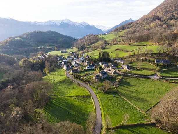 aerial view of small village sére-en-lavedan in the pyrenees mountains, hautes-pyrenees, occitanie