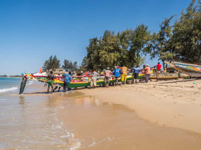 nianing, senegal - january 2, 2019  fishermen collecting fish from colored wooden fisher boat standing on the beach africa