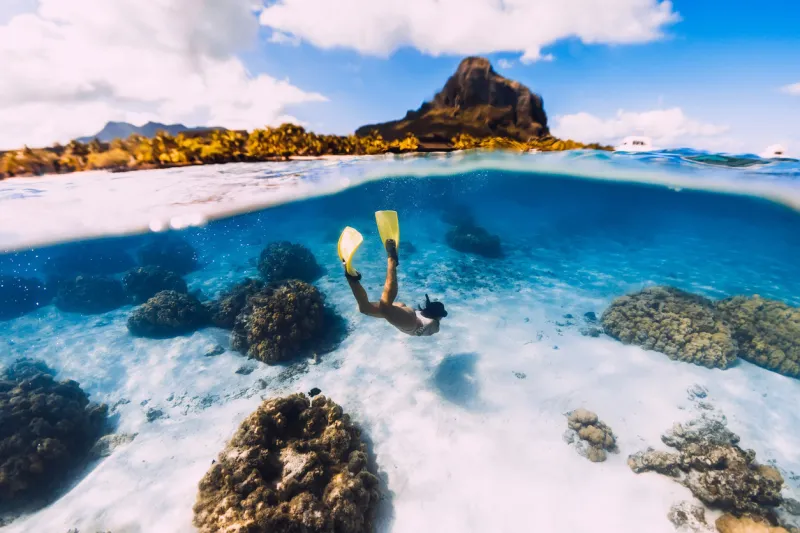 woman freediver glides over sandy sea with yellow fins in transparent ocean freediving in mauritius