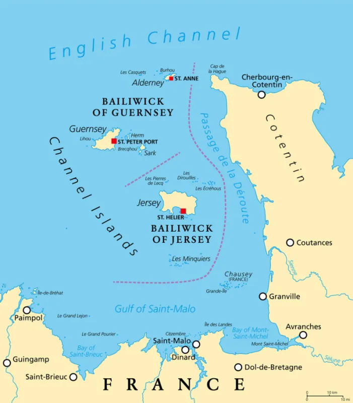 channel islands, political map the crown dependencies bailiwick of guernsey and bailiwick of jersey, an archipelago in the english channel, off the coast of france remnants of the duchy of normandy
