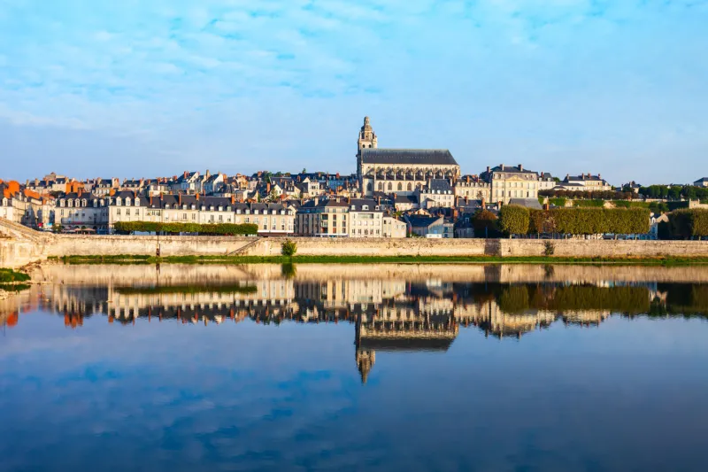 loire river valley and blois city aerial panoramic view in france