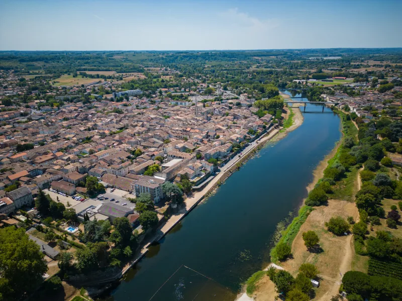 aerial view of sainte foy la grande and dordogne river, gironde, france high quality photo
