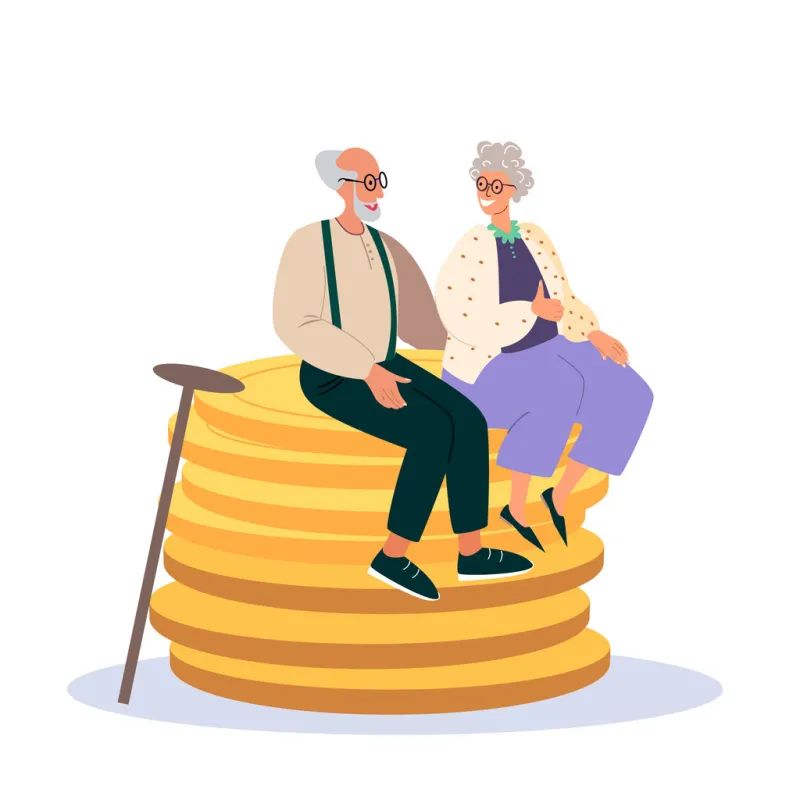 happy senior male and female characters sitting on huge pile of golden coins concept of financial wealth, pension savings, wealthy retirement, joyful grandparents cartoon people vector illustration
