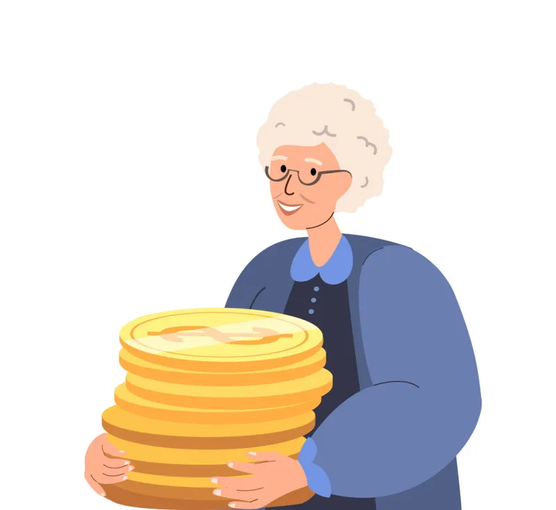 happy senior woman,female character hold huge pile of golden coinsconcept of financial wealth,money accumulation,pension savings,wealthy retirement,joyful grandparentspeople flat vector illustration