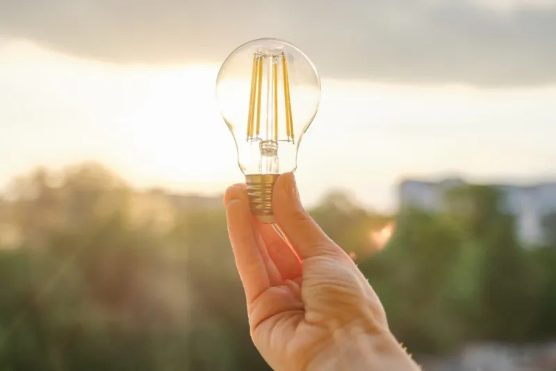 filament led lightbulbs, hand holding lamp, evening sunset sky background