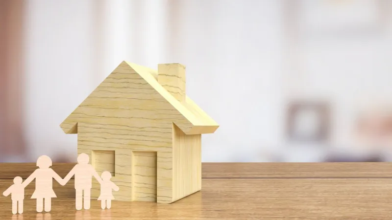 the family wood plate and home for property or life style concept 3d rendering