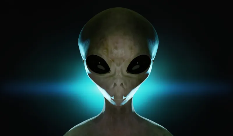 spooky alien's face blue light in background 3d rendered illustration