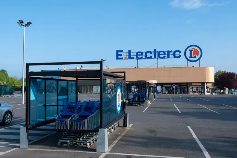 massy, france - may 1, 2023  exterior view of an eleclerc store (aka leclerc), a cooperative group and a chain of hypermarkets of french origin