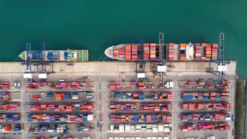 high angle view or aerial view of cargo crane container terminal at port , cargo and shipping logistic