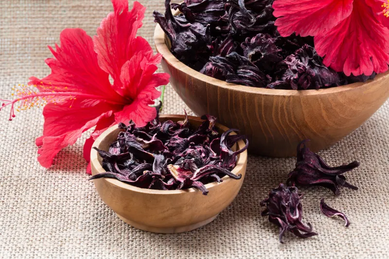 hibiscus (roselle, karkade) dry flowers in wooden bowls on burlap background close-up healthy organic vitamin herbal tea