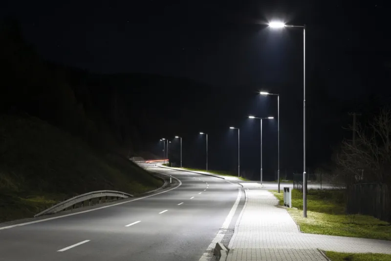 modern streetlights with led technology at night, empty modern road