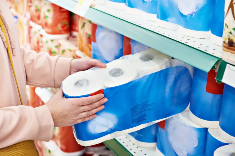 toilet paper in the hands of the buyer in the store