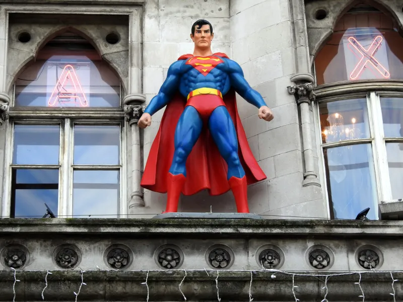 28th january 2019, dublin, ireland waxwork of superman on building window ledge in dublin city centre