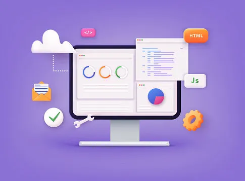 website programming and coding web development and coding 3d vector illustrations