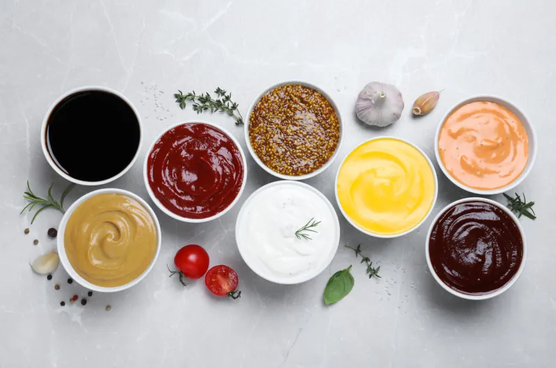 many different sauces on light grey table, flat lay