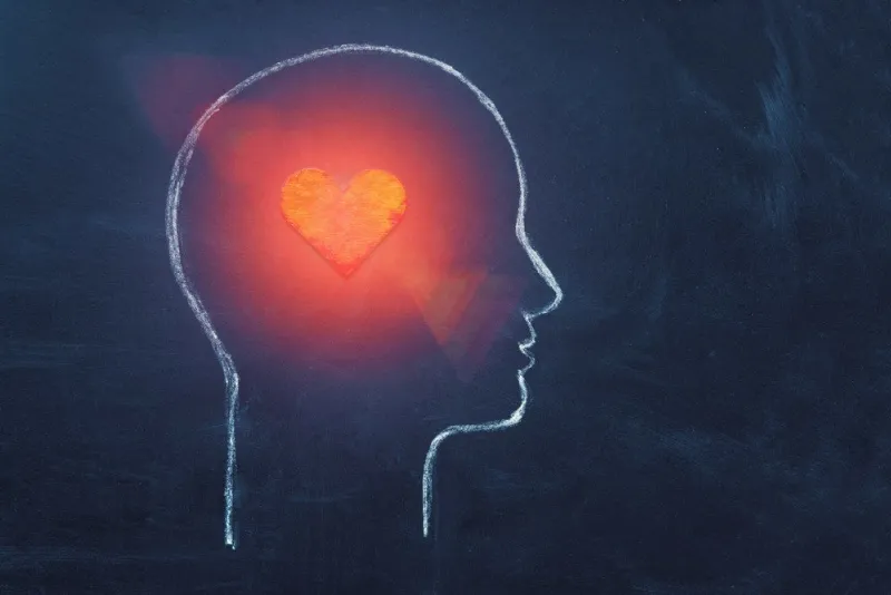 shining heart in human head love, instinct and romance concept chalk drawing copy space psychology, valentine day, volunteer symbol