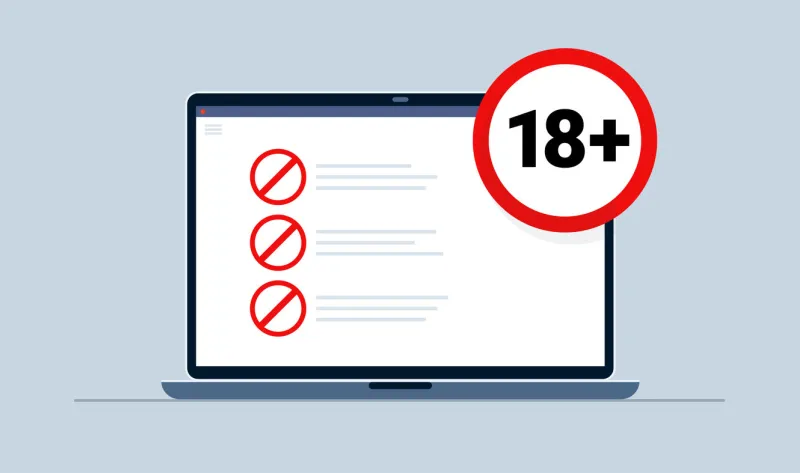 18 plus warning round icon on laptop with prohibited content eighteen adult content vector