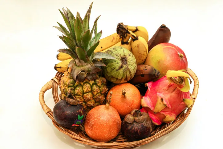 tropical fruit  annona, pitaya, mangistano, grandilla, pineapple, banana, red banana
