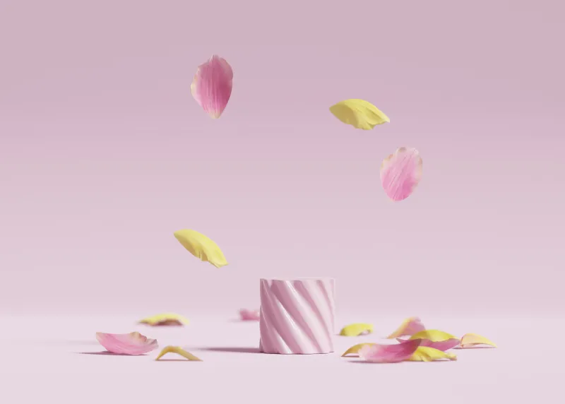 3d display, podium background pastel pink flower petals falling nature minimal pedestal for beauty, cosmetic product presentation feminine copy space template stand 3d render