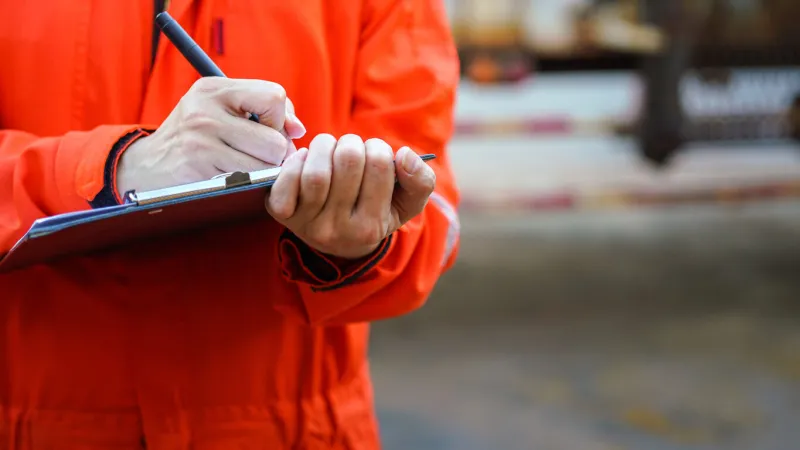 a safety officer is writing on the checklist document during safety audit workplace at the factory industrial expertise occupation working scene selective focus at hand's part