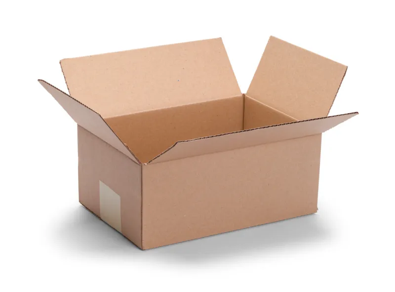 long brown open cardboard box isolated on a white background