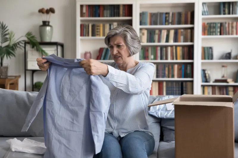 dissatisfied client of retail services, complains, goods return concept aged 60s woman sit on sofa unpack received parcel box check female blouse looks disillusioned by fabric quality, obsolete model