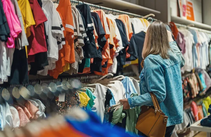 woman in medical mask choosing clothes in outlet store