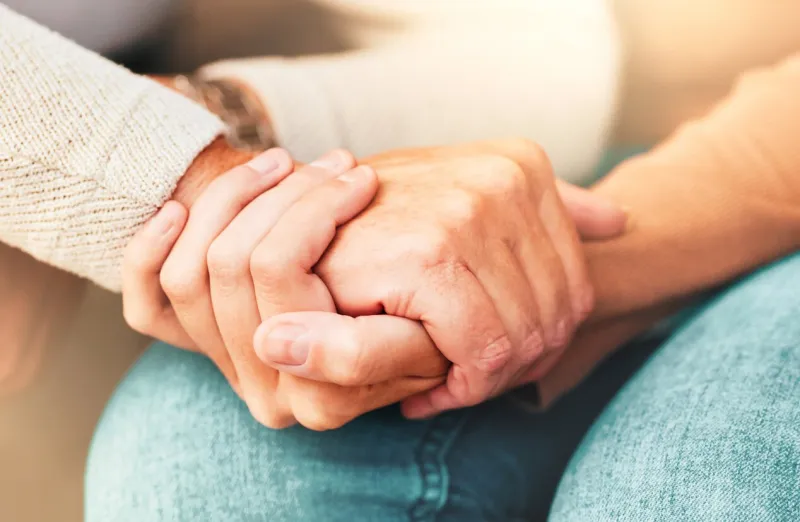 support, trust and hands, senior care in therapy or grief counseling session love, care and understanding between elderly and and caregiver hope, empathy and help in time of need for mental health