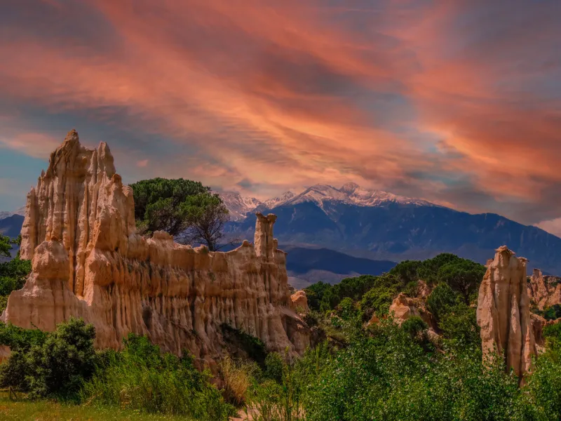 orgues d'ille sur tet nature park with sunset light and clouds, languedoc-roussillon, france