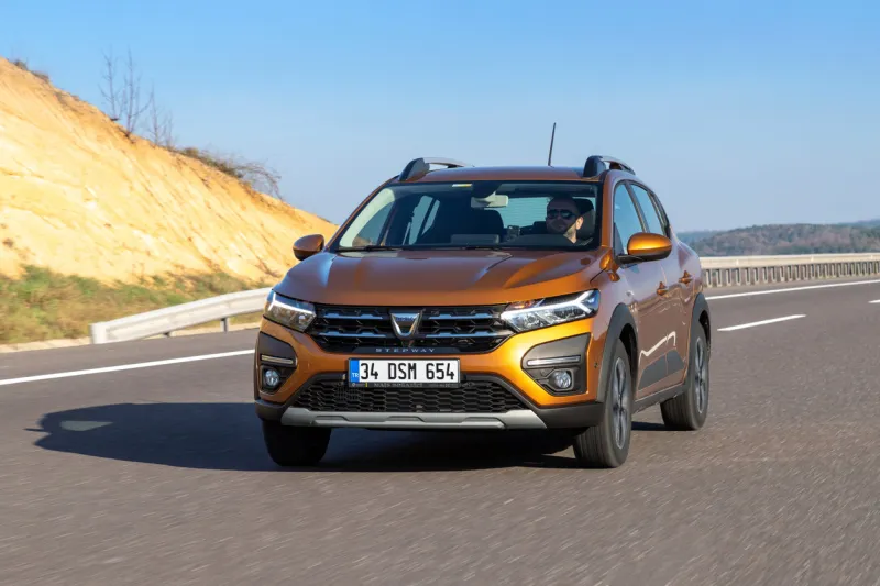 istanbul, turkey - february 6 2021   dacia sandero is a subcompact car produced jointly by the french manufacturer renault it is on road for photoshoot