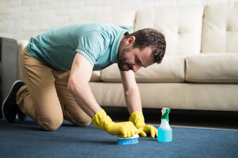 attractive young man trying to disappear a stain from the rug by brushing it hard with soap