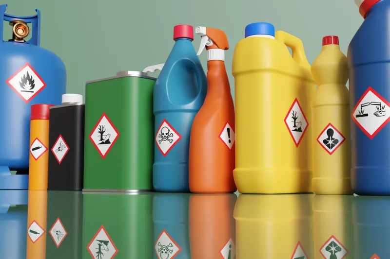 plastic bottles and metallic tins having with different hazardous warning labels illustration of the concept of alert of chemical classification