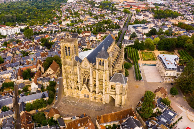 aerial view of french commune of bourges in summer day looking out over ancient gothic cathedral of st stephen