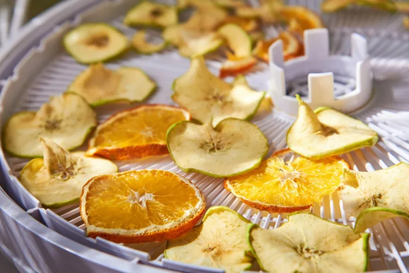 apple and orange chips cooked in a dehydrator, close-up the theme of healthy eating