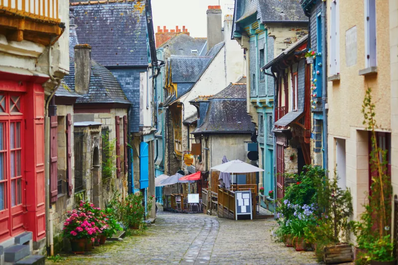 beautiful street in medieval town of vitre, one of the most popular tourist attractions in brittany, france