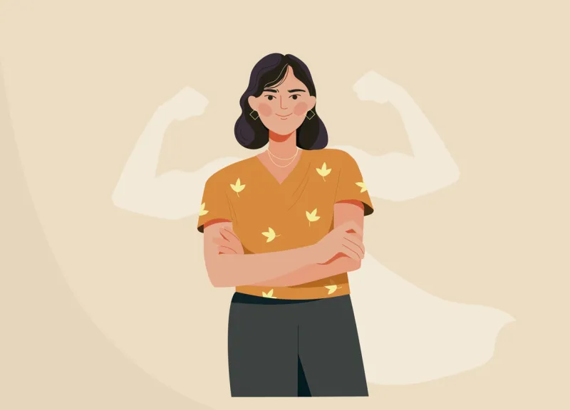 strong woman concept confident, happy female character with shadow showing off her biceps metaphor for feminism and independence cartoon flat vector illustration isolated on beige background