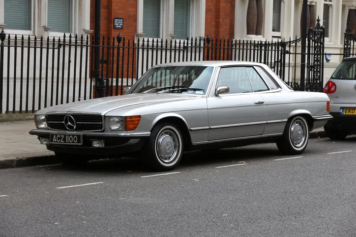 classic mercedes sl (r107) luxury coupe car parked in london, uk there are 26m cars registered in london