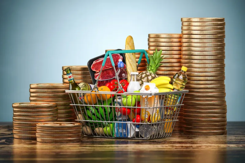 inflation, growth of food sales or growth of market basket or consumer price index concept shopping basket with foods and coin stacks 3d illustration