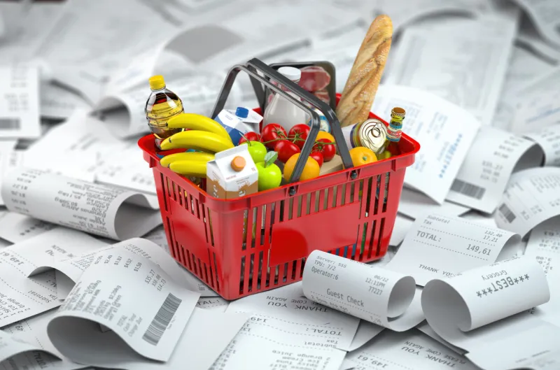 shopping basket with foods on the pile of receipt  consumerism and grocery expenses budget 3d illustration