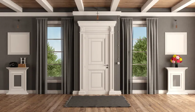 white and gray home entrance of a classic villa with closed front door and two windows - 3d renderingthe room does not exist in reality, property model is not necessary
