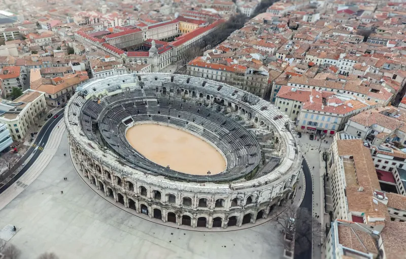 panorama of the city of nimes in france aerial view of ancient roman amphitheatre