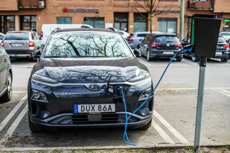 gothenburg, sweden - april 6, 2019  hyundai kona new generation electric vehicle charging on the goteborg street car park