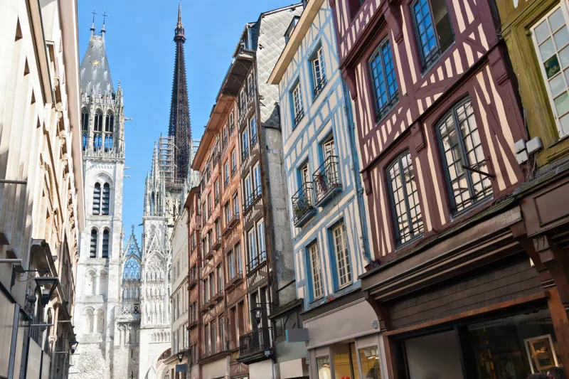 half-timbered houses in rouen, normandy, france